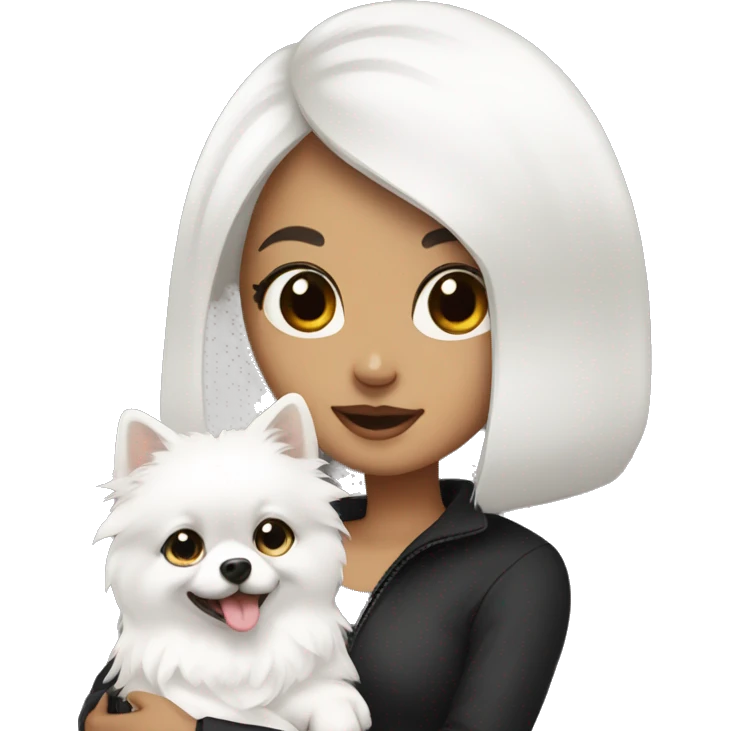 A girl with black hair holding a white Pomeranian  emoji
