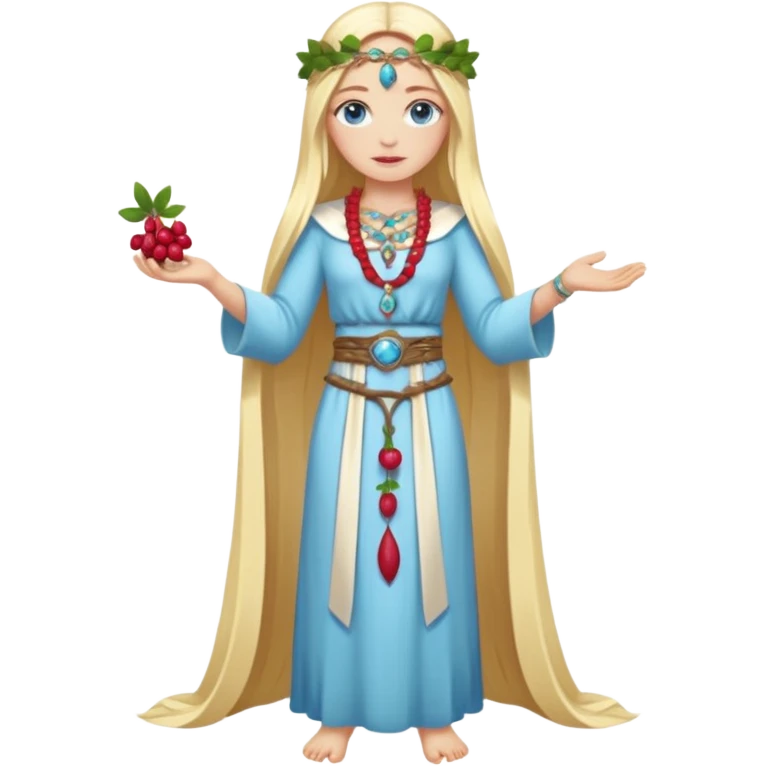 full body woman long blonde hair blue eyes white skin fruit priestess with berry belt and leaf jewelry emoji