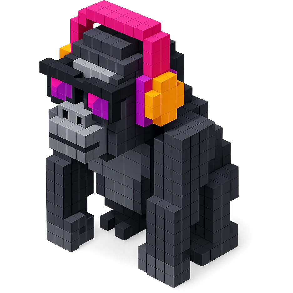 voxel style gorilla with sunglasses and headphones, isometric view emoji