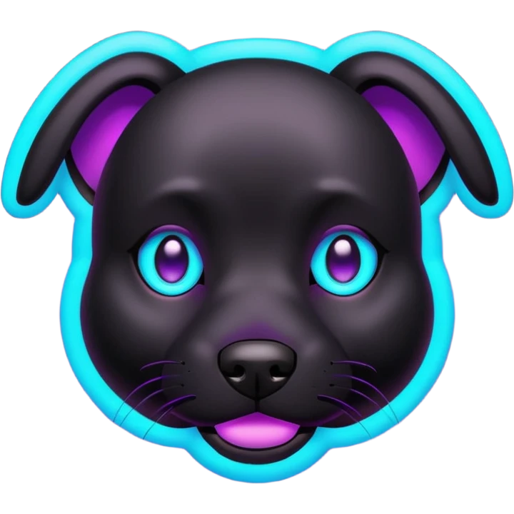 futuristic glowing black dog emoji, neon cyan eyes, purple #8B5CF6 highlights, tech minimal style, dark background emoji