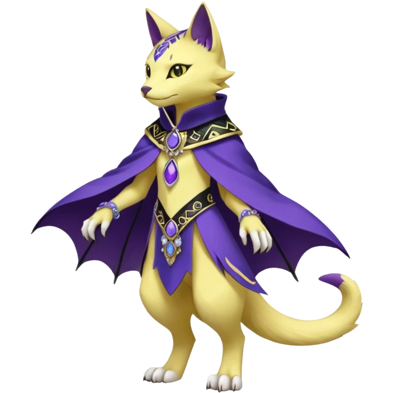 Kawaii cute Violet Yellow Black beautiful pretty elegant divine edgy feline-vernid-sergal-Fakémon-Pokémon-Digimon-fursona-animal-creature, full body, with intricate detailed markings, Embroidered capelet emoji
