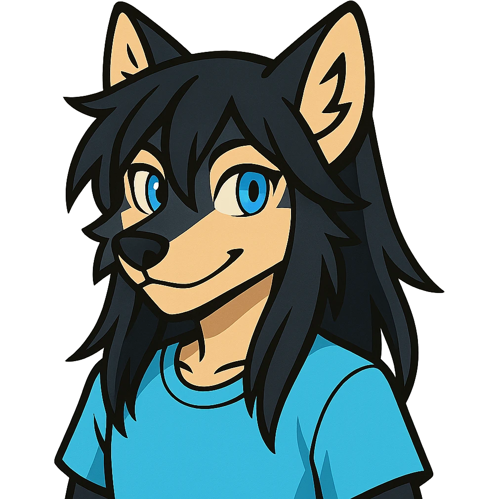 anime style wolf furry character with blue eyes, long black hair, wearing a light blue shirt emoji