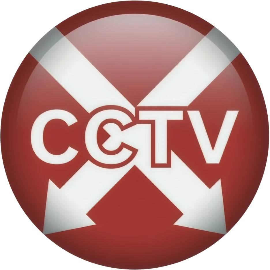 Red filled circle with white X and arrow end points on the X. CCTV word in the centre emoji