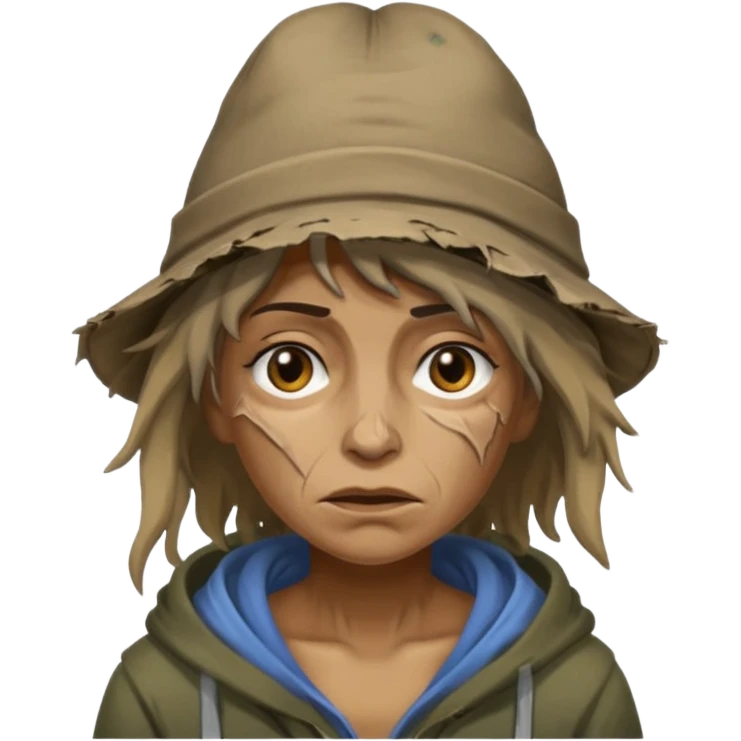 very dirty looking homeless woman with ripped hat with ugly hair emoji