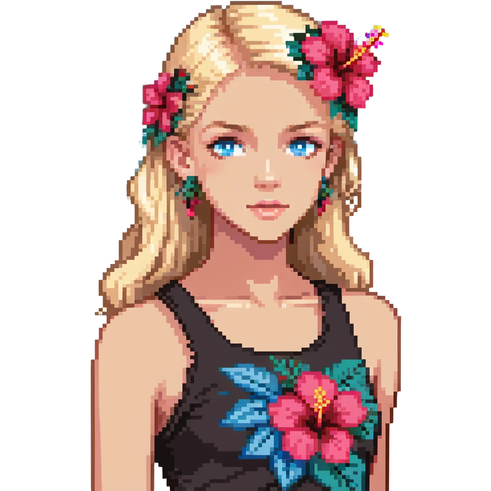 preppy coastal teen girl with blue eyes, beach blonde hair, tan skin, hibiscus flower in her ear, preppy beach outfit emoji