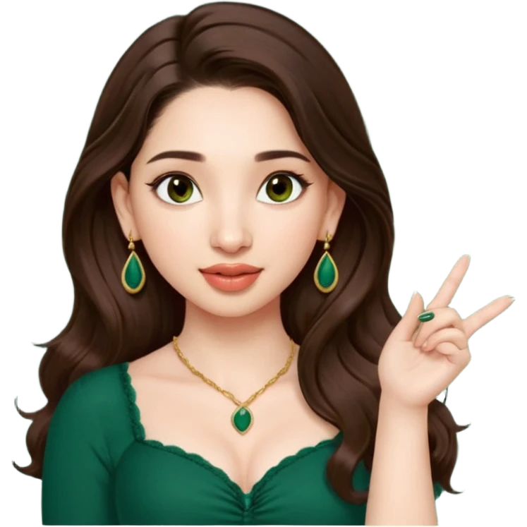 pretty bratz genmoji that looks like tamannah bhatia (bollywood actress), wearing a dark green sweetheart neckline top, dark brown hair, light makeup, no necklace, dangly earrings, SIDE hair part, fair. dark brown eyes, long hair

Show her licking her finger  emoji