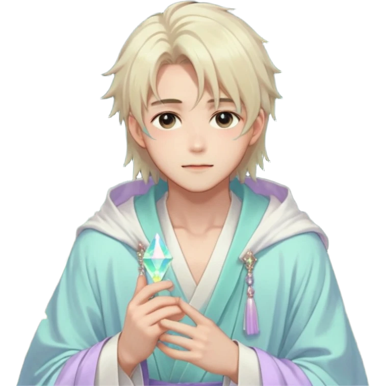 Beautiful gorgeous romantic blushing youthful handsome anime guy with beautiful iridescent-pastel-whitish-special-gently-tousled-medium-long-hair, fashion aesthetic, ethereal, fairycore, pastelcore, layered robes, accessories, jewelries, colorful, shiny, trending style, outside emoji