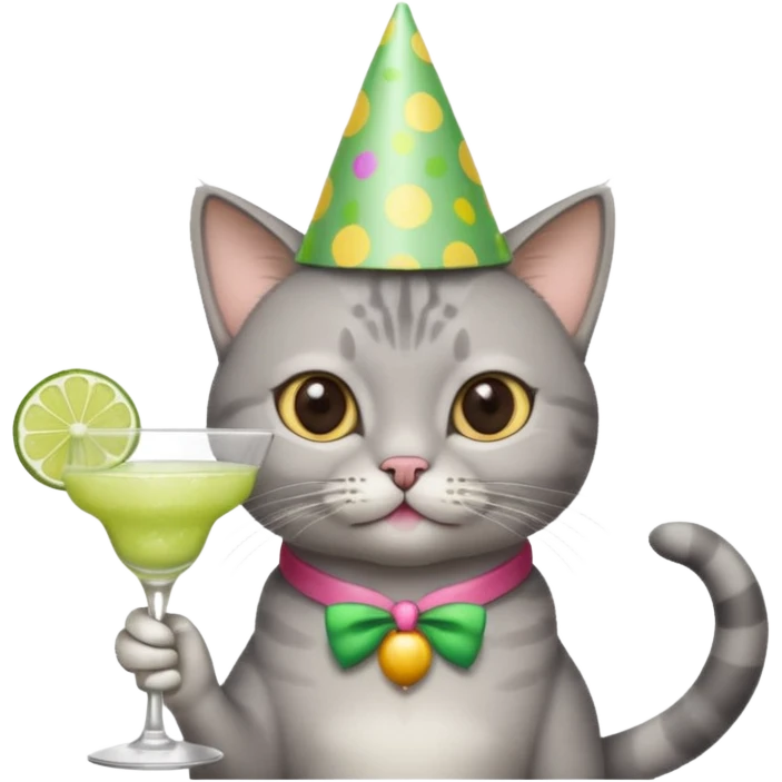 A grey cat is wearing a party hat, and drinking a margarita. emoji