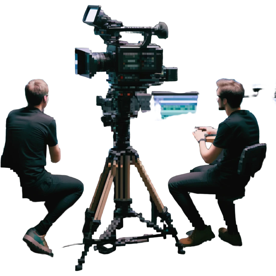 pixel art style, large high resolution image of a film crew collaboration: multiple members (cameraman, sound engineer, director) working together around a broadcast camera, dynamic atmosphere, wide shot, team spirit emoji