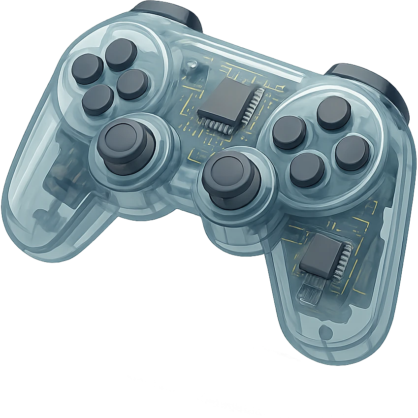 A gaming controller with transparent shell showing internal circuitry, buttons, and electronic components emoji