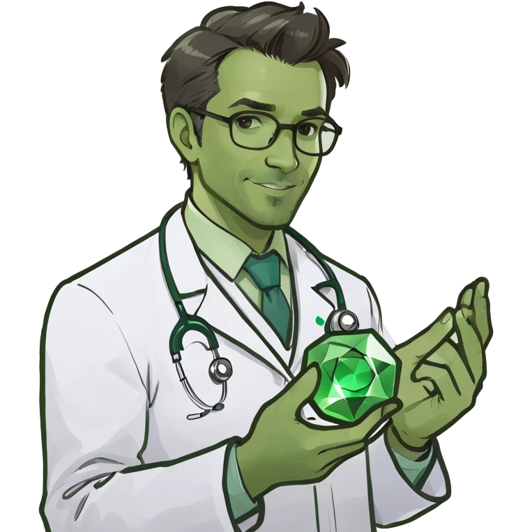 doctor holding a green gem emoji