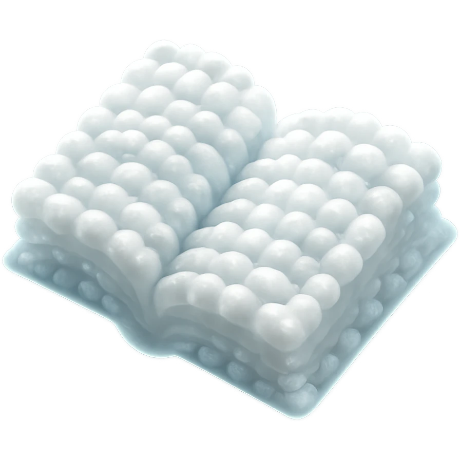 top view of a thick open book made entirely of small, very bright white fluffy convex clouds, matte glass style emoji
