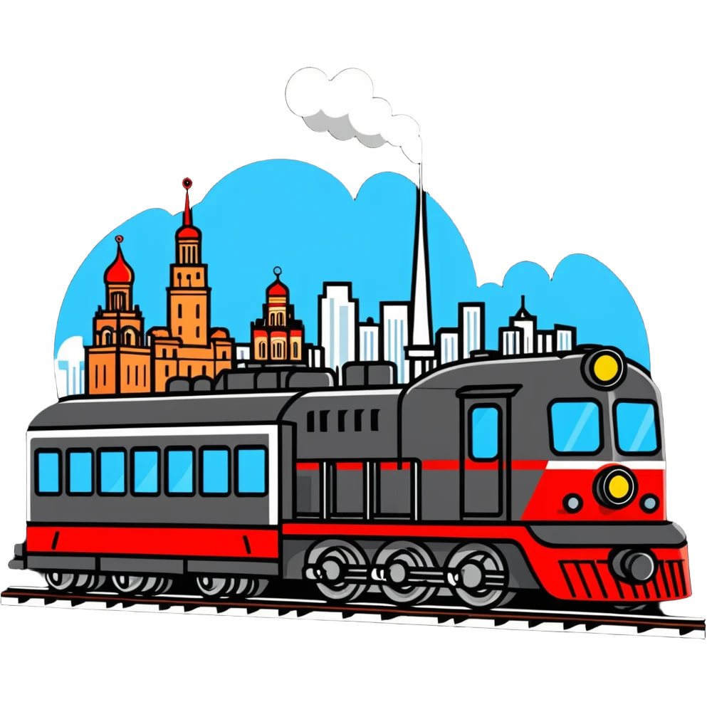 A cartoon locomotive train drinking vodka, with Moscow skyline in background emoji