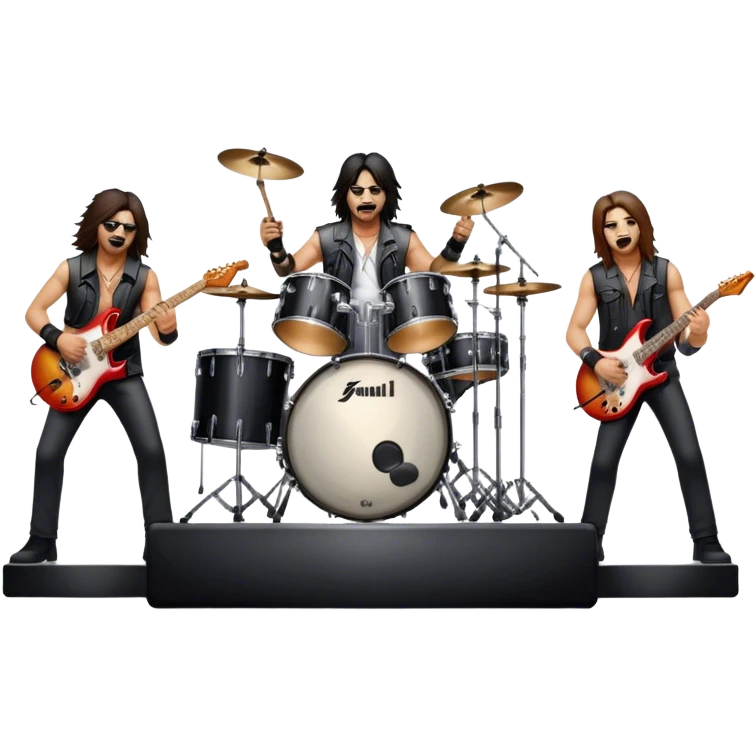 Icon for Heavy Metal Music: 4 men band on stage with electric guitars, drums and intense lighting. 3 guitarists and 1 drummer, surrounded by energy and stage effects, capturing the power and intensity of a metal concert. Transparent background. emoji