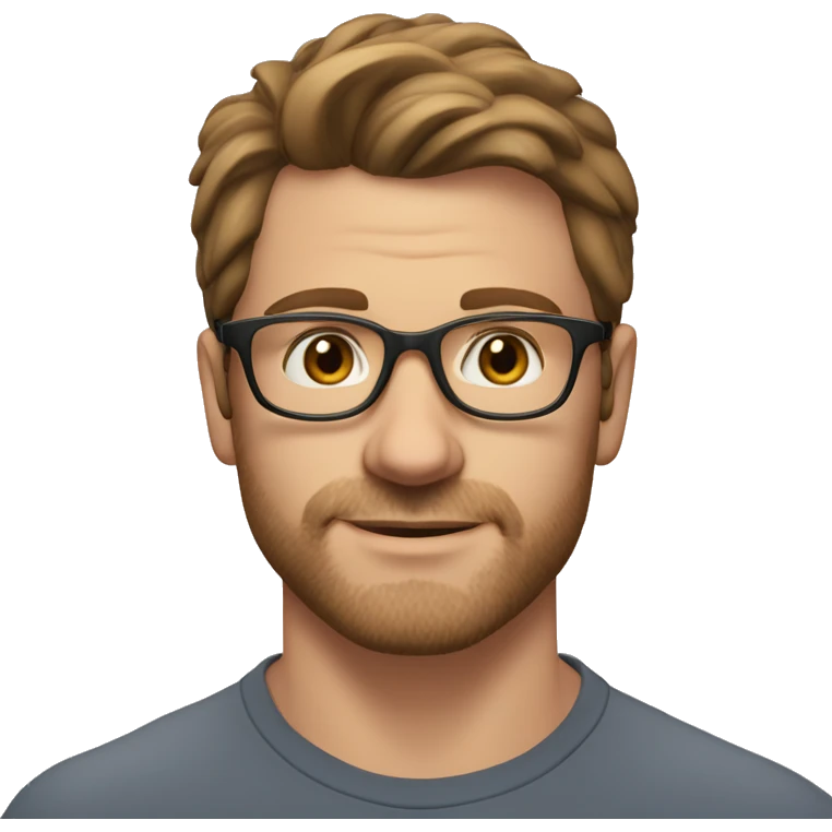 A head and shoulders shot of a 32 year old White man, with medium brown hair, with stubble facial hair,  wearing glasses with brown eyes wearing a t-shirt. emoji