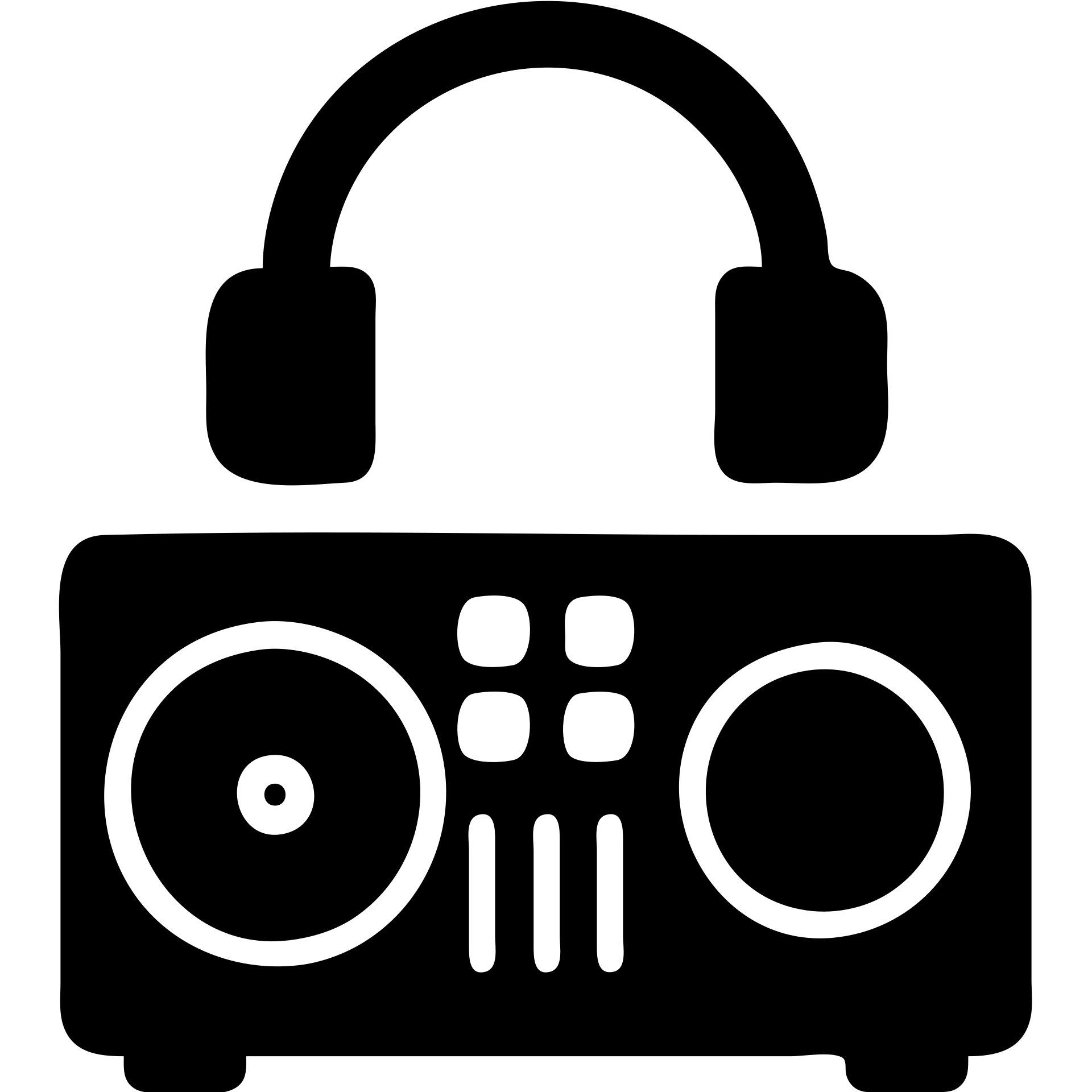 A DJ setup in a black filled icon style, with headphones. emoji