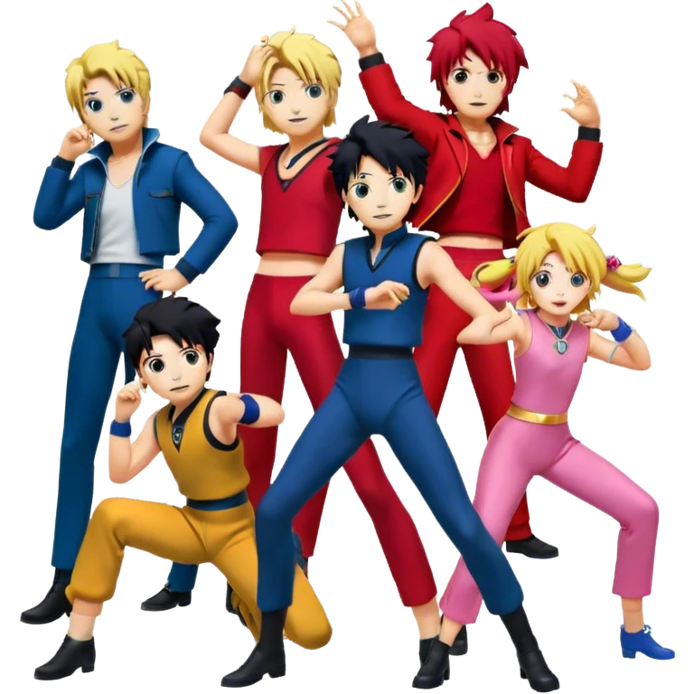 Icon for Anime Collage: Vibrant close-up collage Characters from Cowboy Bebop, Naruto, Bishoujo Senshi Sailor Moon and Kimetsu no Yaiba, each in their iconic poses and vibrant outfits, blended together with dynamic backgrounds. Transparent background. emoji