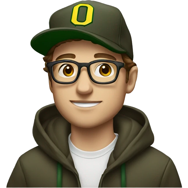 jeremy allen white with brown hair, glasses, and a university of Oregon baseball hat, and a hoodie emoji
