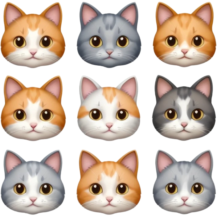 6 realistic looking cats with different natural coloured coats, assorted grey and white, greys, calico, brown and white colours etc
 emoji