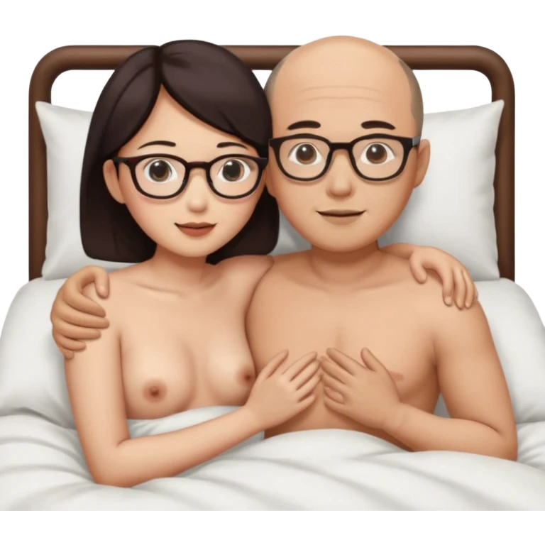 asian woman and slightly balding asian man who is wearing glasses naked in bed hugging emoji