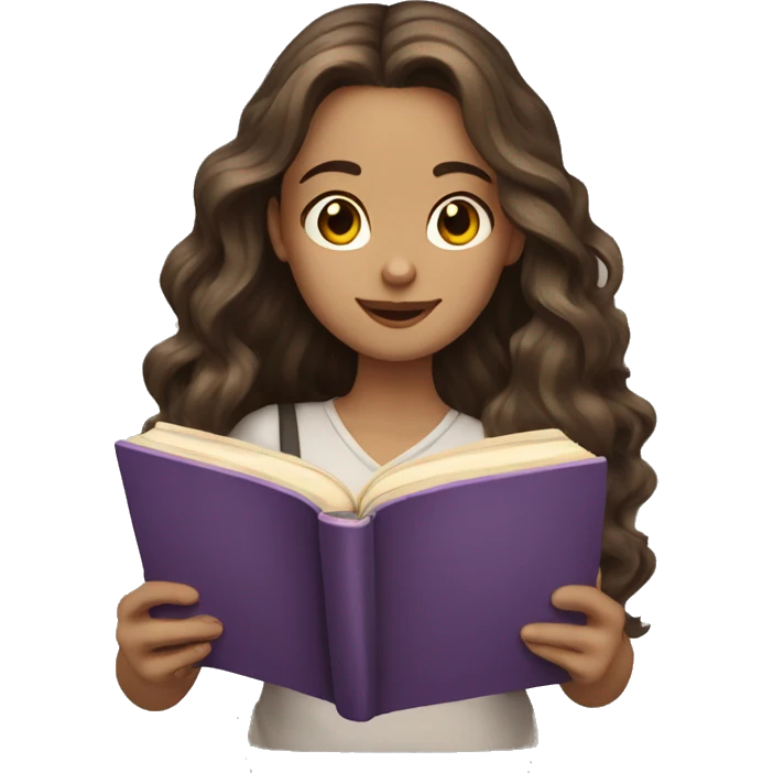White skin girl with long wavy brunette hair reading a book emoji