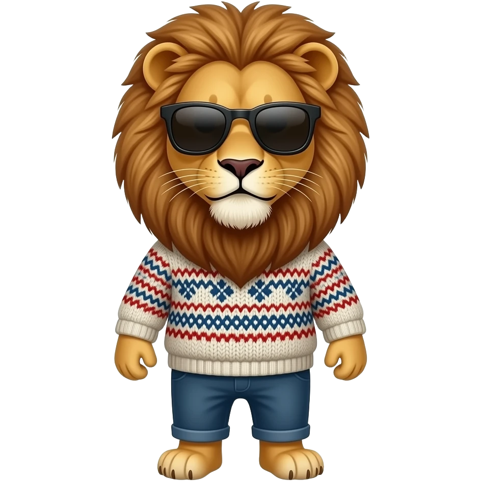 Lion wearing sweater, sunglass front facing emoji
