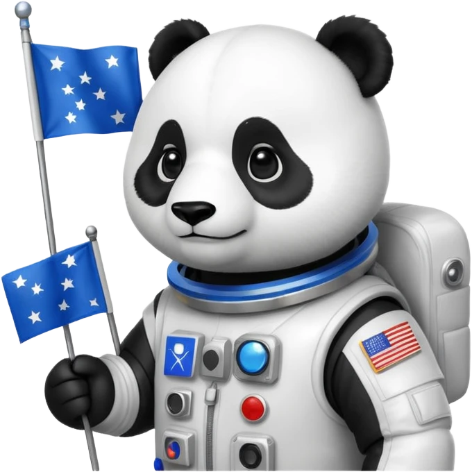 a panda in space suit, holding blue rectangle flag emoji