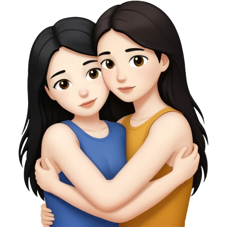 A lesbian couple with white skin and long black and brown hair hugging intimately emoji