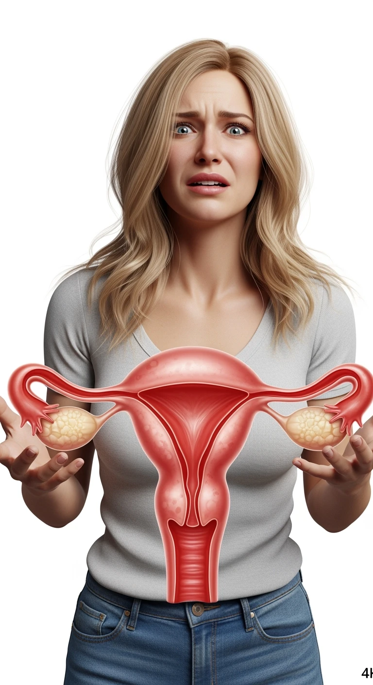 donna vestita casual realistico con utero umano anatomico in evidenza, dolore in volto, IPERREALISTICO 4K, sfondo bianco emoji