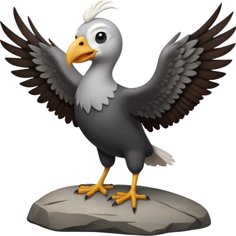 a vulture — large bird with dark brown feathers, bald WHİTE head, curved beak and sharp eyes — standing proudly on a rock — wings slightly open — realistic yet cute cartoon emoji look, clean lighting, soft shadows. emoji