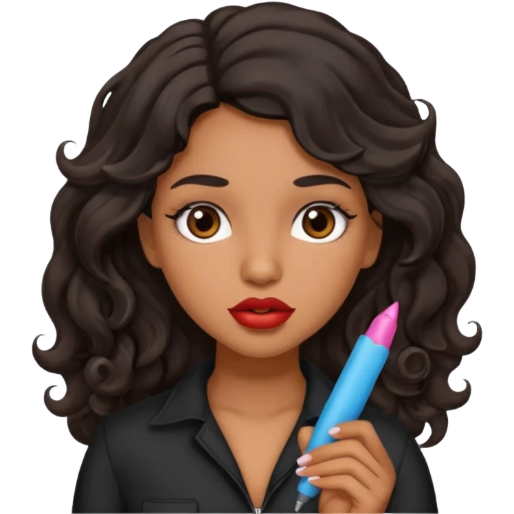 Latina girl with lip liner on her lips and black wavy hair holding a dick emoji