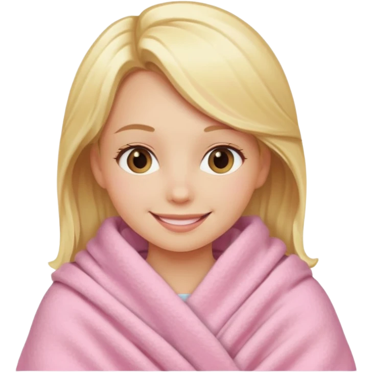 blonde girl wrapped in a pink blanket, smiling emoji