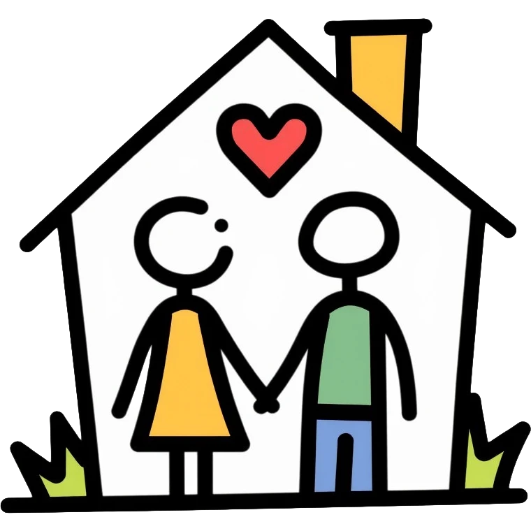 Two simple figures holding hands in front of a house with a heart surrounding them, Keith Haring style with bold lines and simple colors emoji