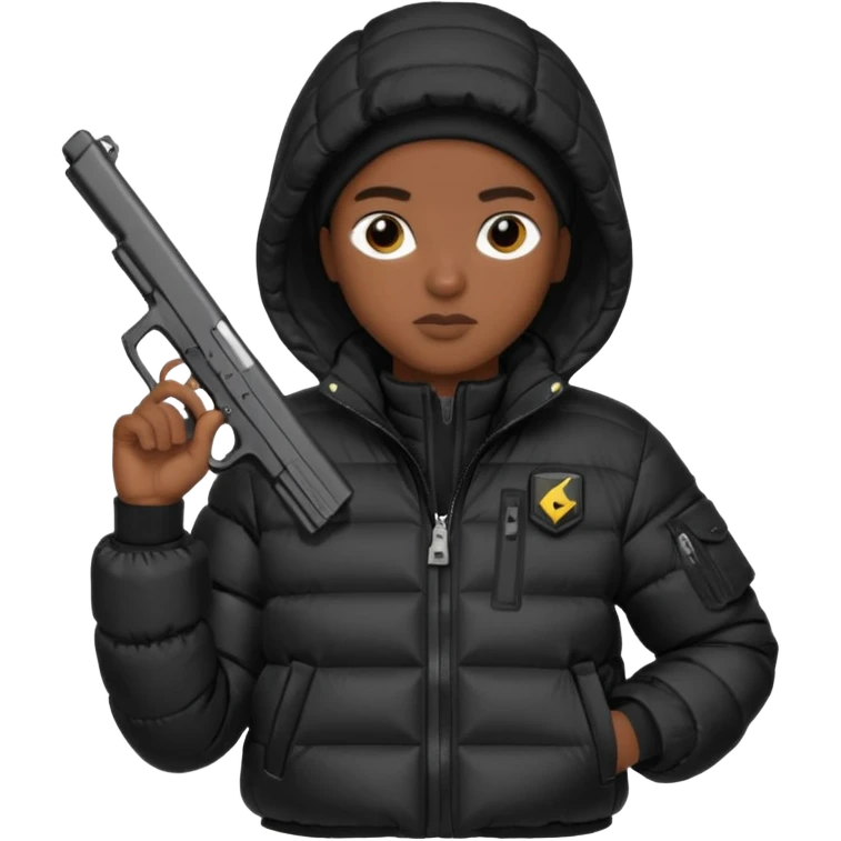 african american wearing a black puffer jacket with the hood on and holding a glock 26 emoji