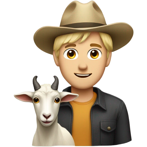 Blonde man in a hat standing behind a goat emoji
