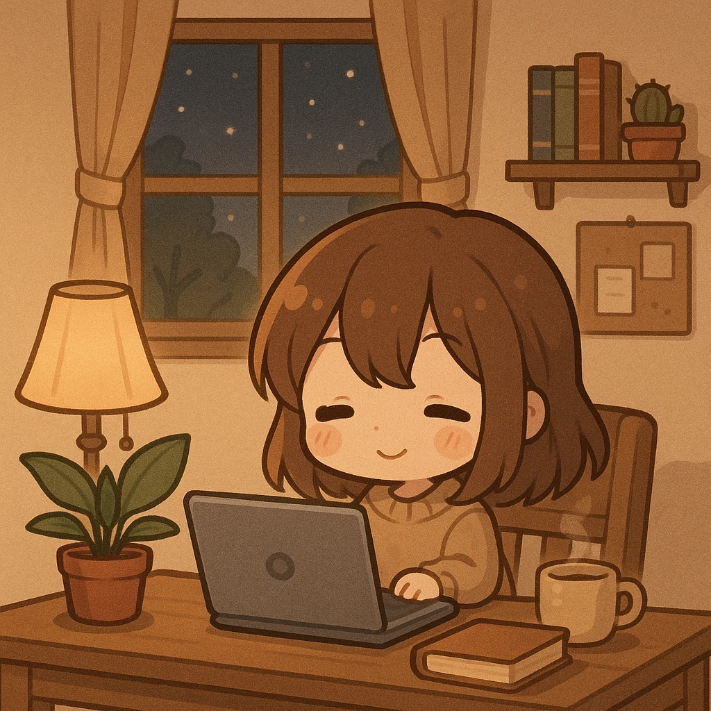 Add a laptop on the desk in front of the chibi girl, keeping the cozy desk scene atmosphere. emoji