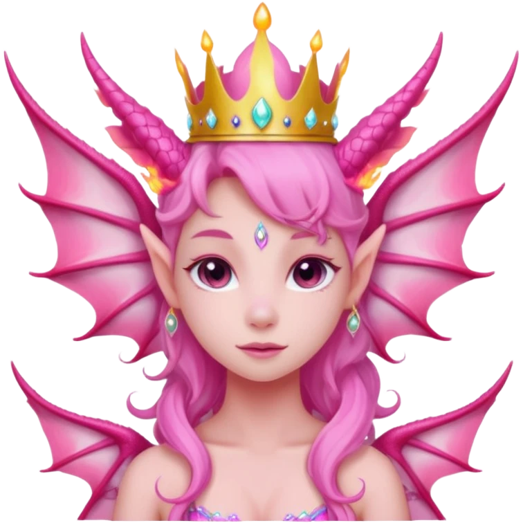 cute pink dragon queen breathing pink magical fire, sparkles and glow, pastel fantasy style, crown, big wings, bold outline, transparent background, twitch badge emoji