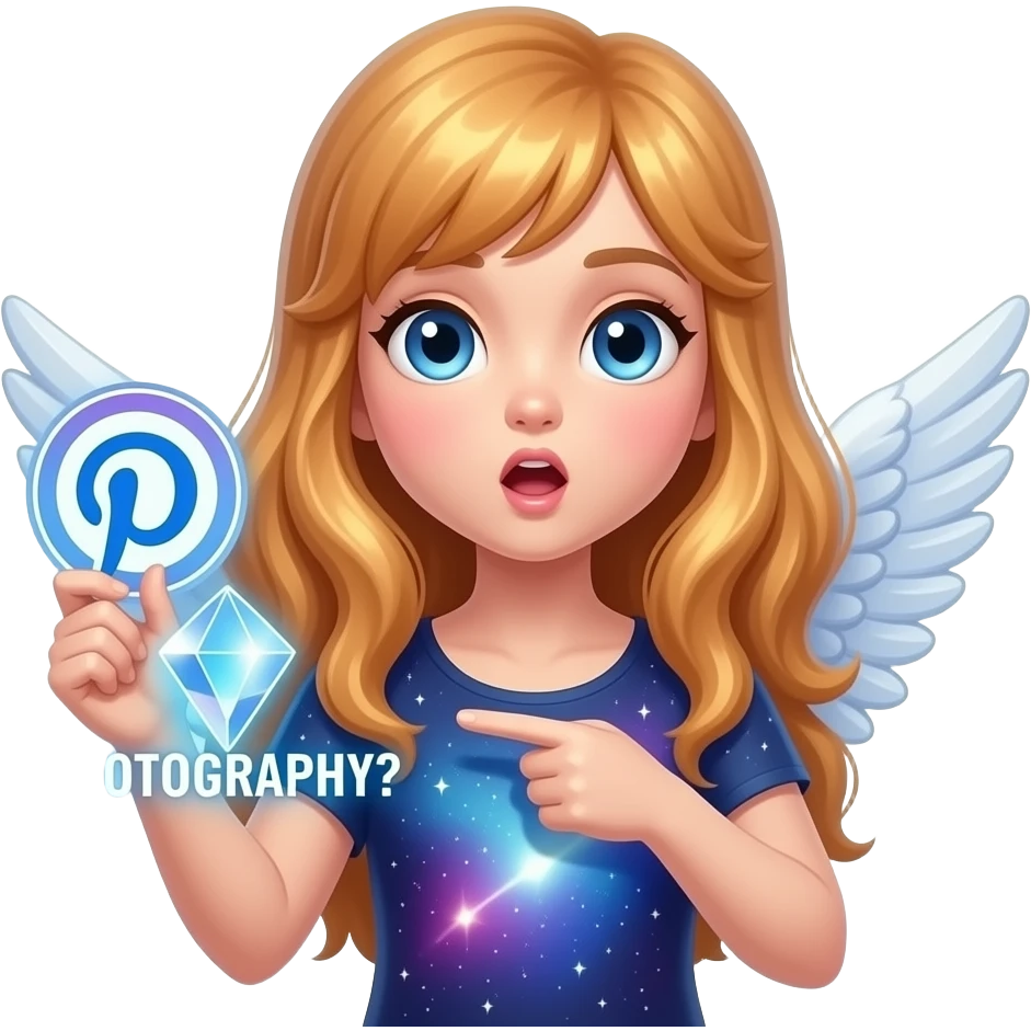 An ethereal blue eyes, glowing amber hair, angel, hand made of starlight holding a crystalline Pinterest logo on right hand, surprised, pointing at self. A glowing, bokeh text: 'PHOTOGRAPHY?' on the bellow left hand. Glowing nebula colors, isolated on white, bold 3D icon emoji