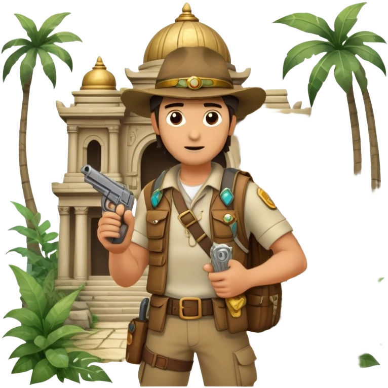 An icon inspired by adventure games like Uncharted 4, featuring a rugged explorer with a backpack, standing in front of an ancient temple or treasure. The design includes a treasure map, a pistol, and jungle foliage, symbolizing the thrill of exploration and danger. Transparent background emoji