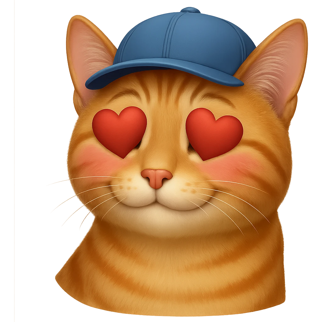 Change the cat's face expression to crush with blushing or dreamy eyes, keep the blue cap, and set the background to transparent. Make the style as close to the original realistic emoji as possible, with detailed fur texture and lifelike appearance. emoji
