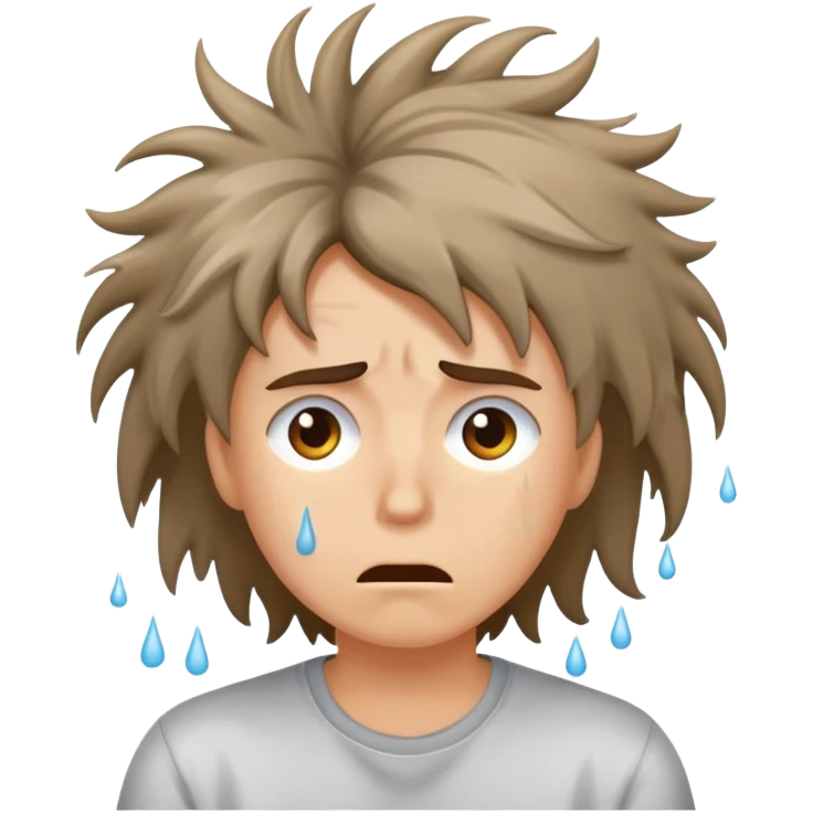 stressed person with messy hair and sweat drops emoji