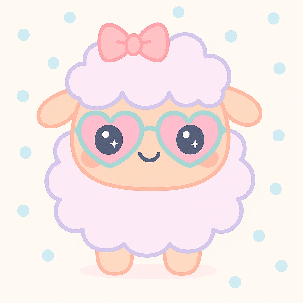 Add a pink bow and heart-shaped glasses to the kawaii fluffy sheep, keeping the cute and soft kawaii style with fluffy texture and pastel colors. emoji