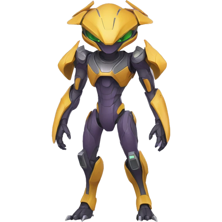 a Genesect-Raptor-Fakémon—hybrid with a futuristic visor-helmet full body emoji