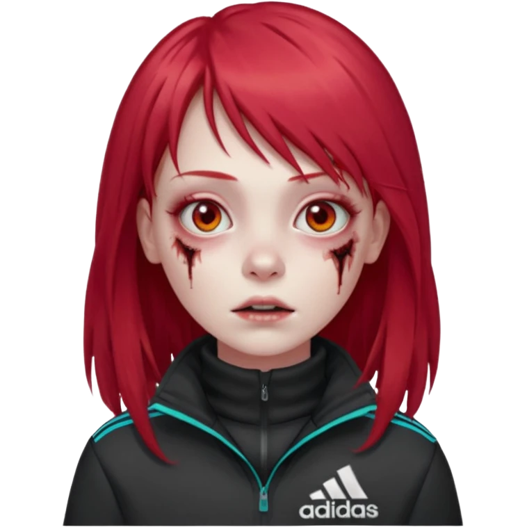 Crie um emoji de uma menina com bochecha gordinha com o cabelo vermelho longo com uma franja reta zumbi casaco de gola alta da adidas emoji