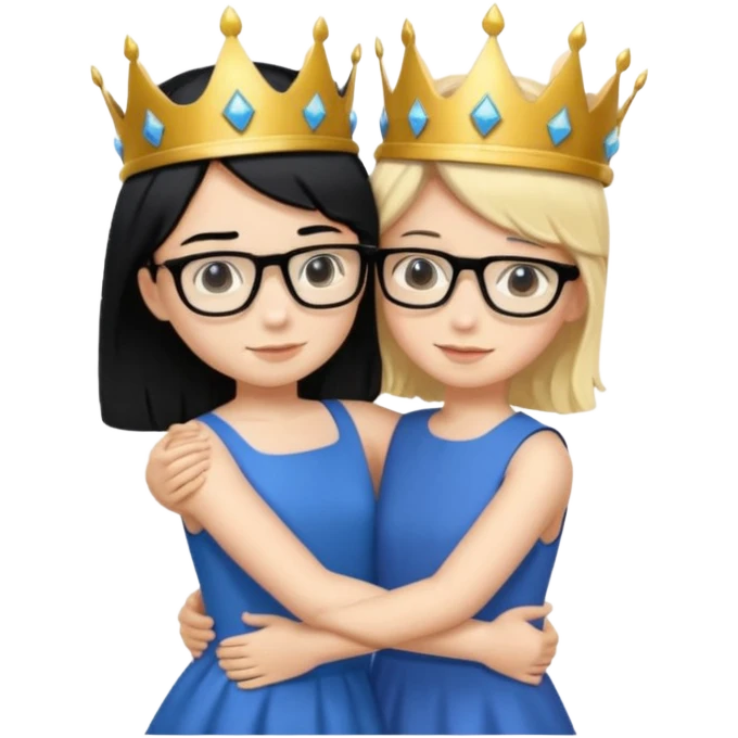Boy in purple with black glasses and back hair hugging a blonde girl with a blue dress and gold crown emoji