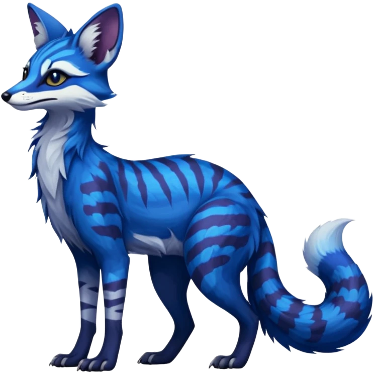 Feral Rare Fantasy vibrant dark shady shaded detailed deep-dark-cobalt-blue-gradients-colored colorful Vernid-Sergal-Fox-Genet-Trico-species by LiLaiRa, random markings, tufted tail, tufted ears, full body emoji
