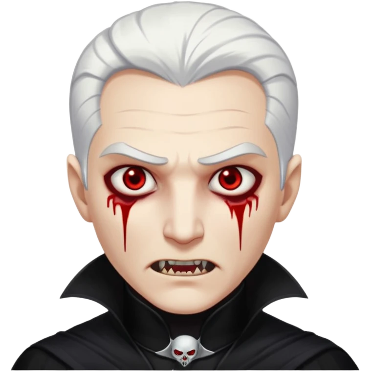 Creat a young man Vampire with white skin and white hair "make him have slide back hair" and full black vampire clothes and bloody eyes and long fangs and scary dead sleepy eyes and silver logo on his neck emoji