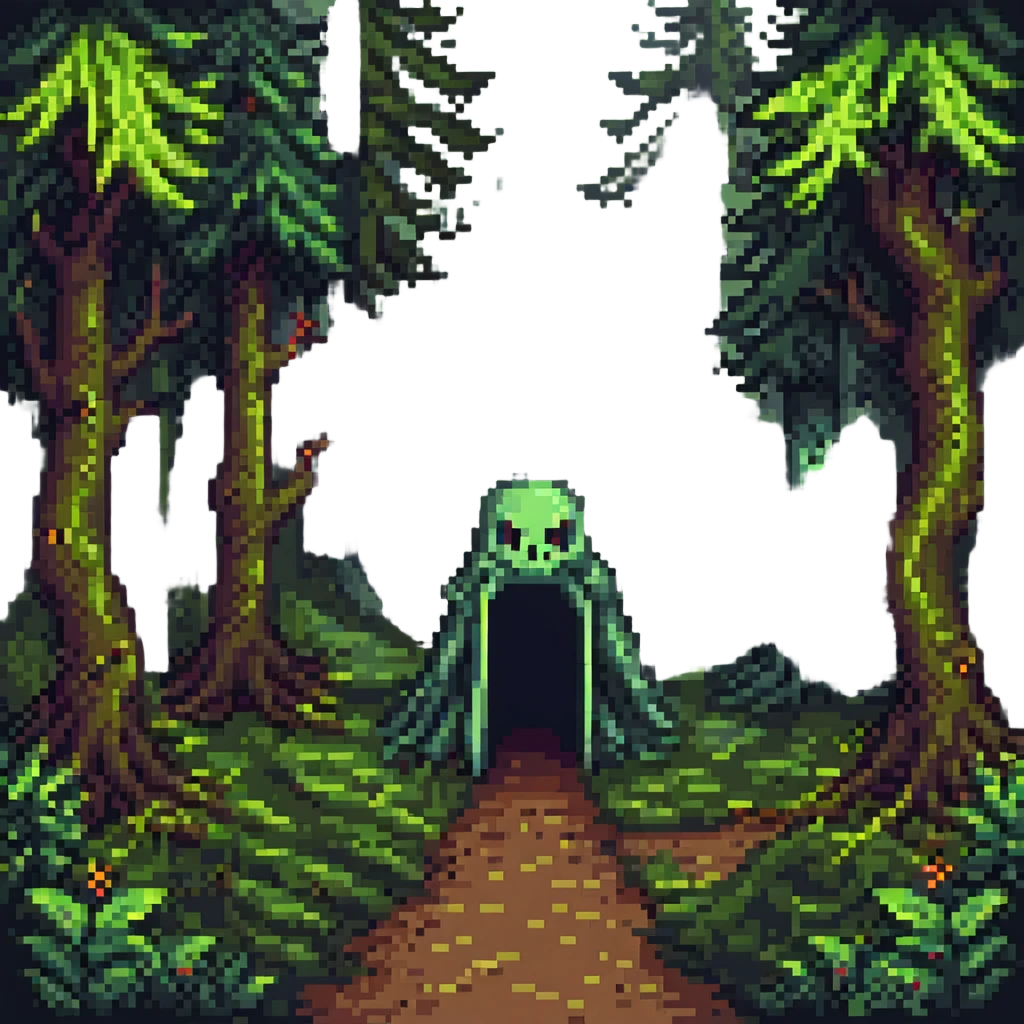 pixel art of a haunted forest with shadowy witches, cursed coven theme emoji