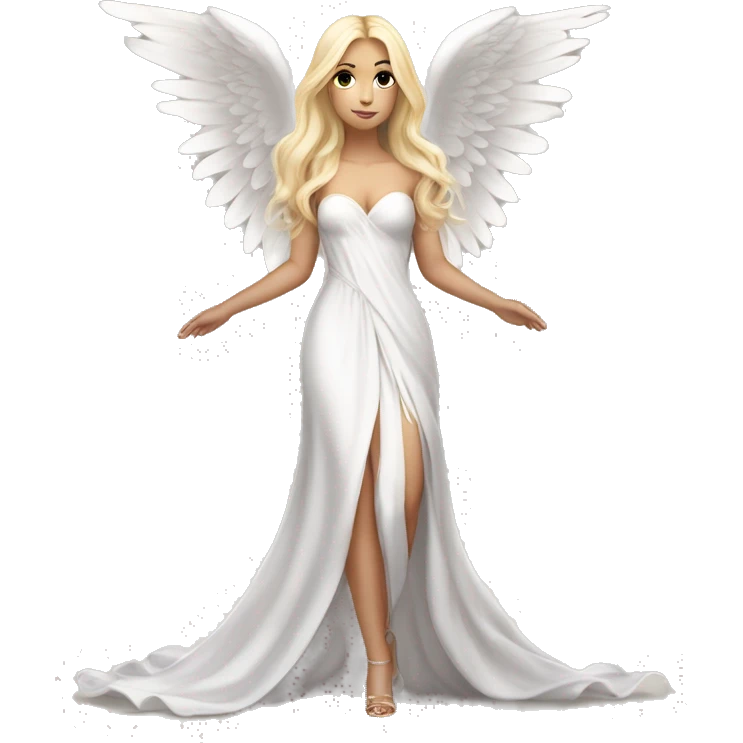 A full length gorgeous girl in a￼ flowing white gown straight blonde hair and gorgeous angel wings  emoji