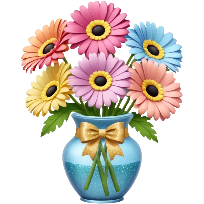 Various pastels Gerbera In a vase , with glitter bow  emoji